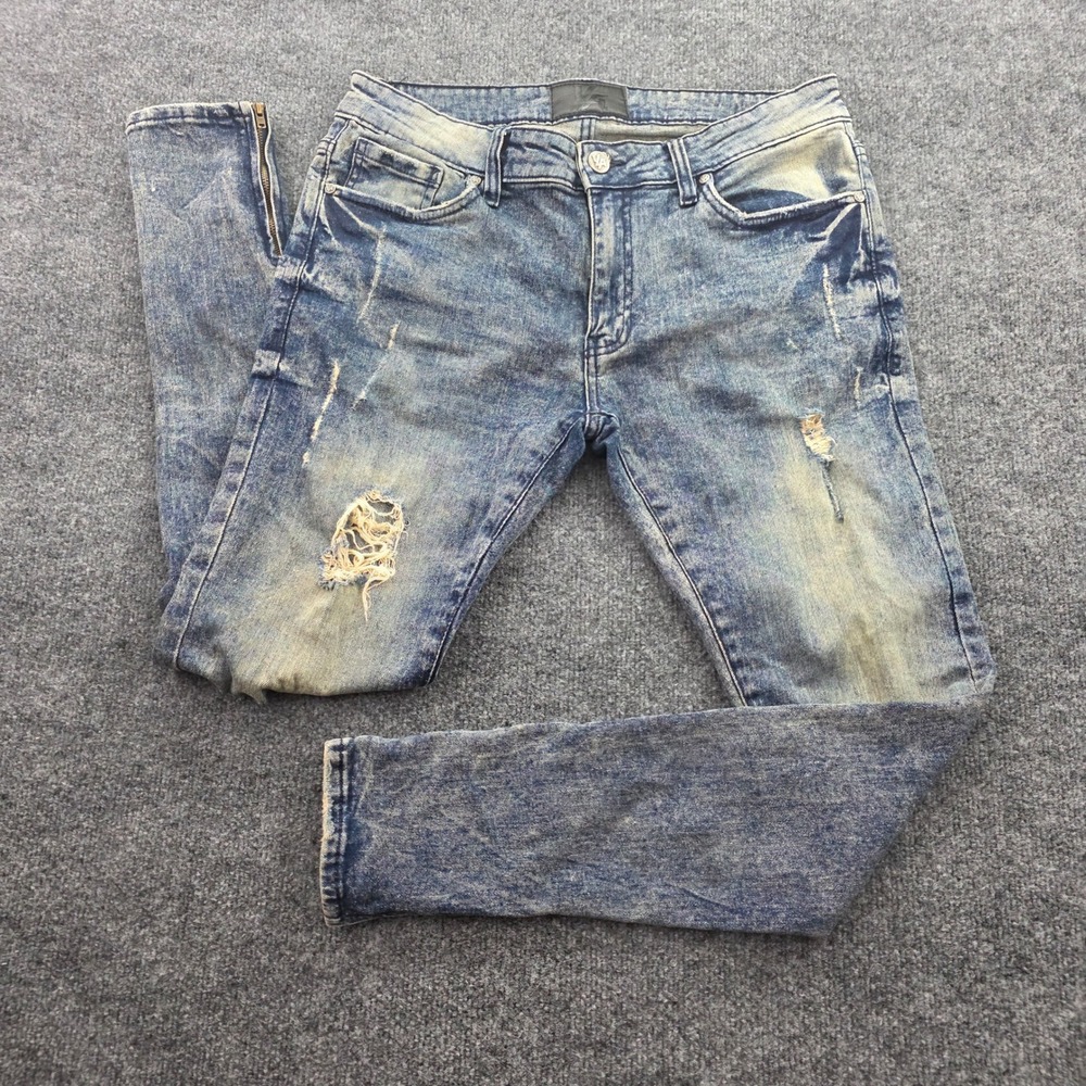YoungLA Distressed Skinny Jeans Mens 32x30 Acid Wash Ripped Ankle Zip Denim Blue